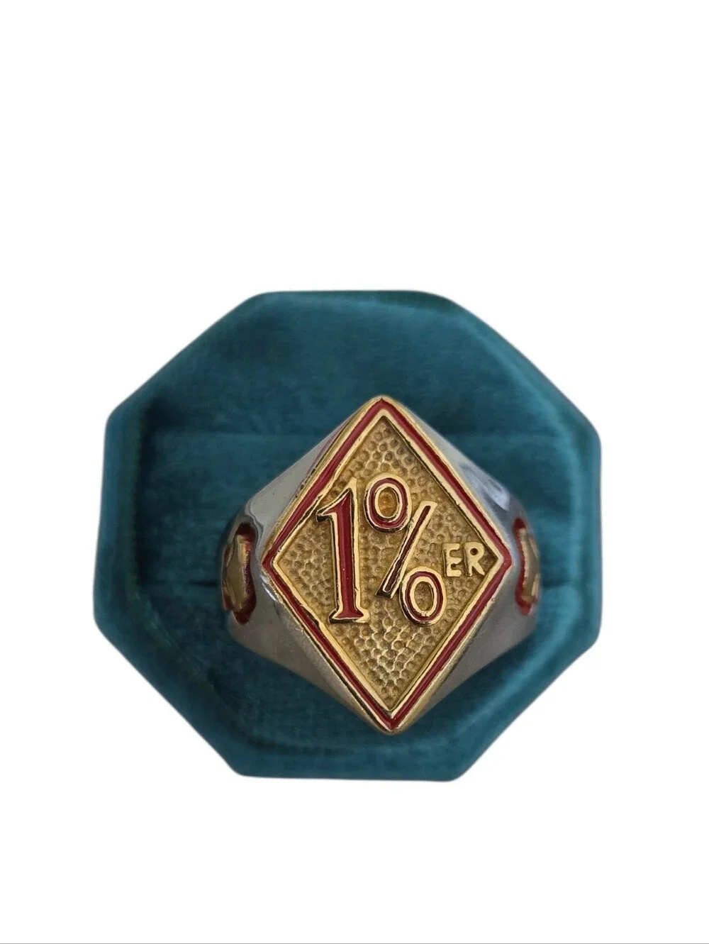 Size 16 Stainless Steel 1% ER Diamond Emblem Ring in Gold & Red